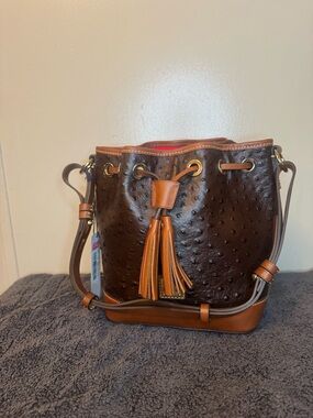 Dooney & Bourke Small Drawstring Handbag (Brown Ostrich Embossed Leather)